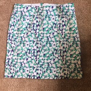 Purple, green, and white patterned pencil skirt